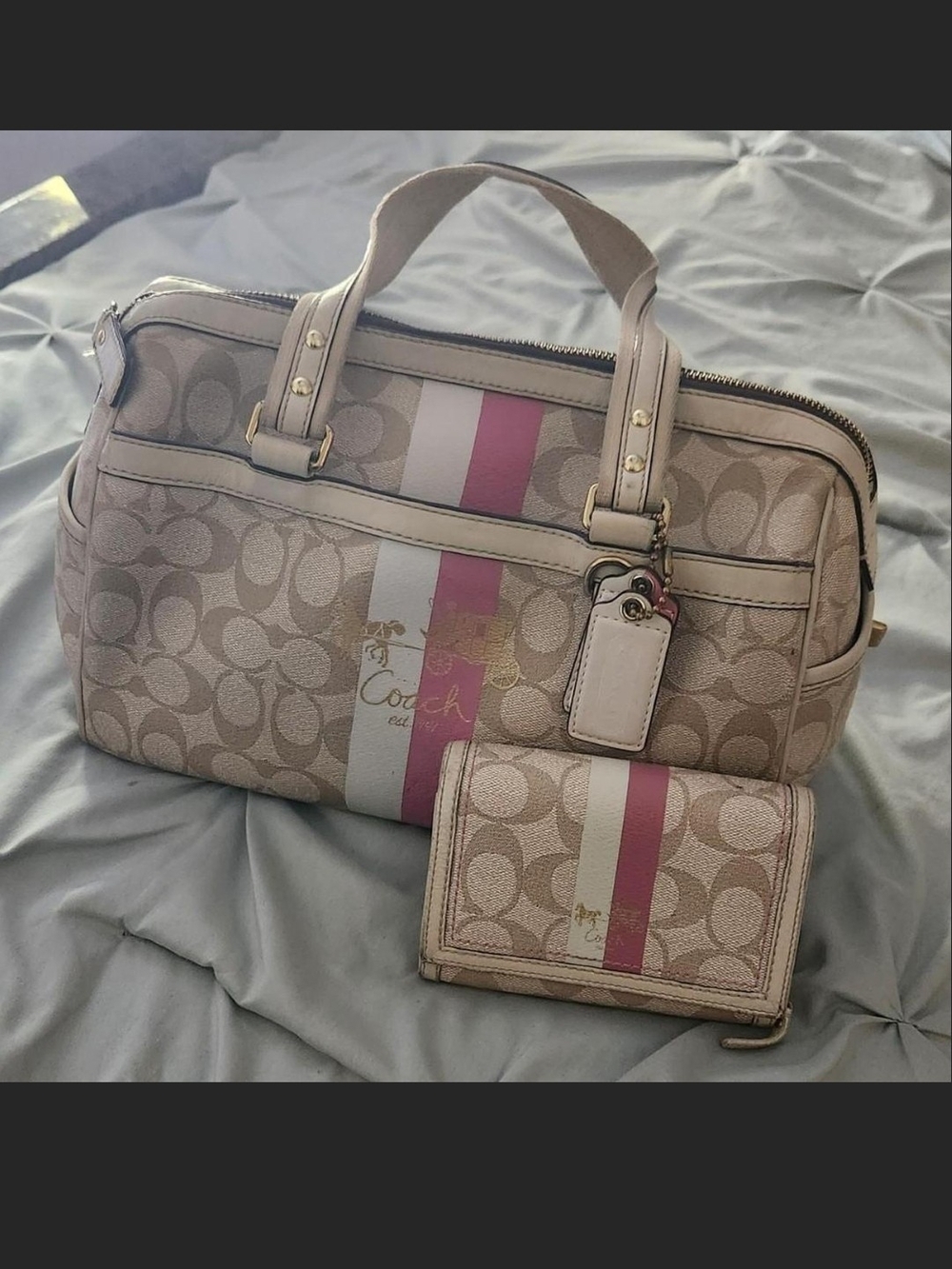 Coach Signature Stripe Satchel in Pink & Beige